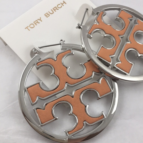 Tory Burch Miller Hoop Silver/Orange Logo Earrings - Picture 3 of 7